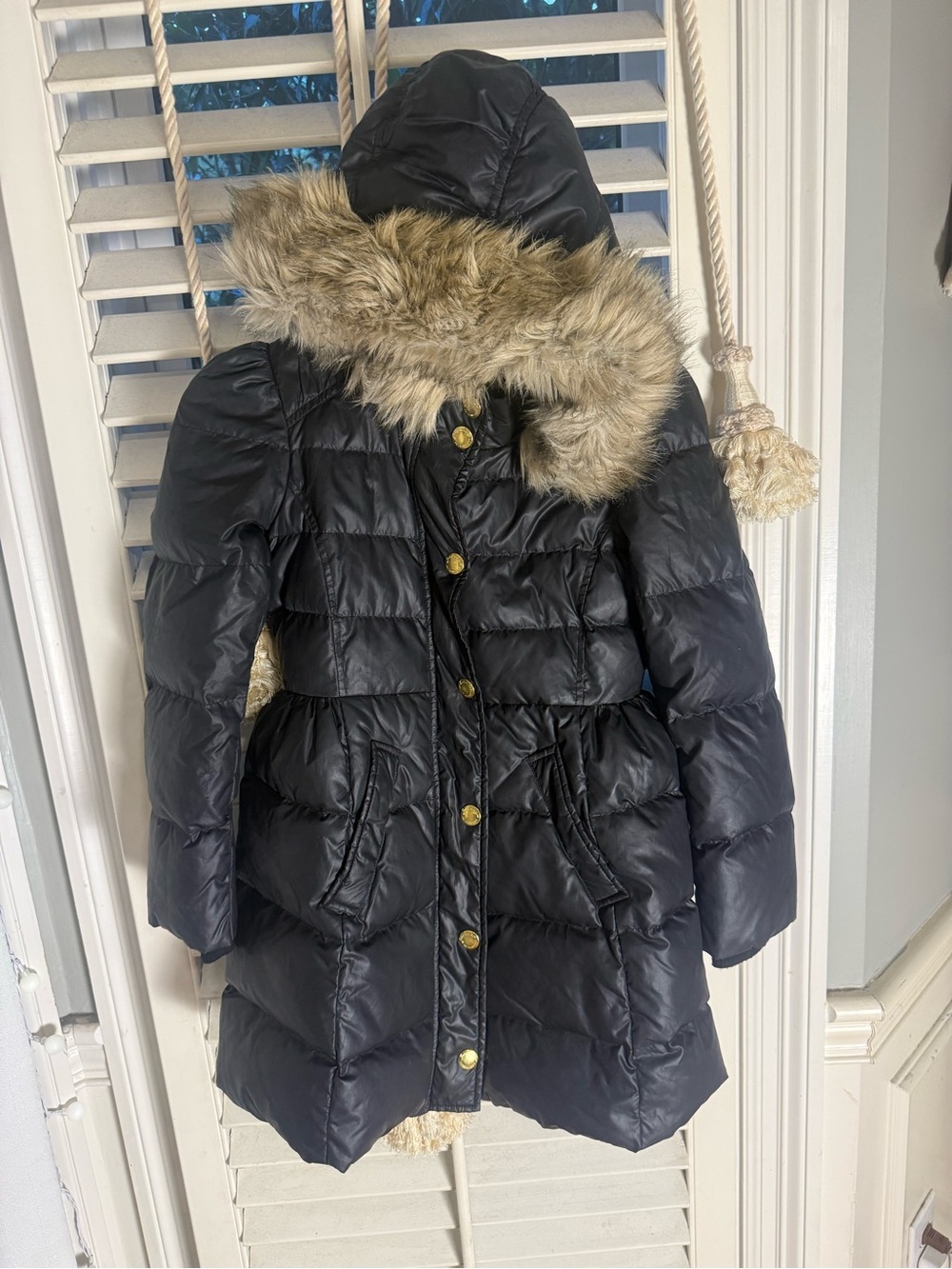 Juicy Couture Girls Black Faux Fur Hooded Puffer Coat Size 8/10 Winter Jacket